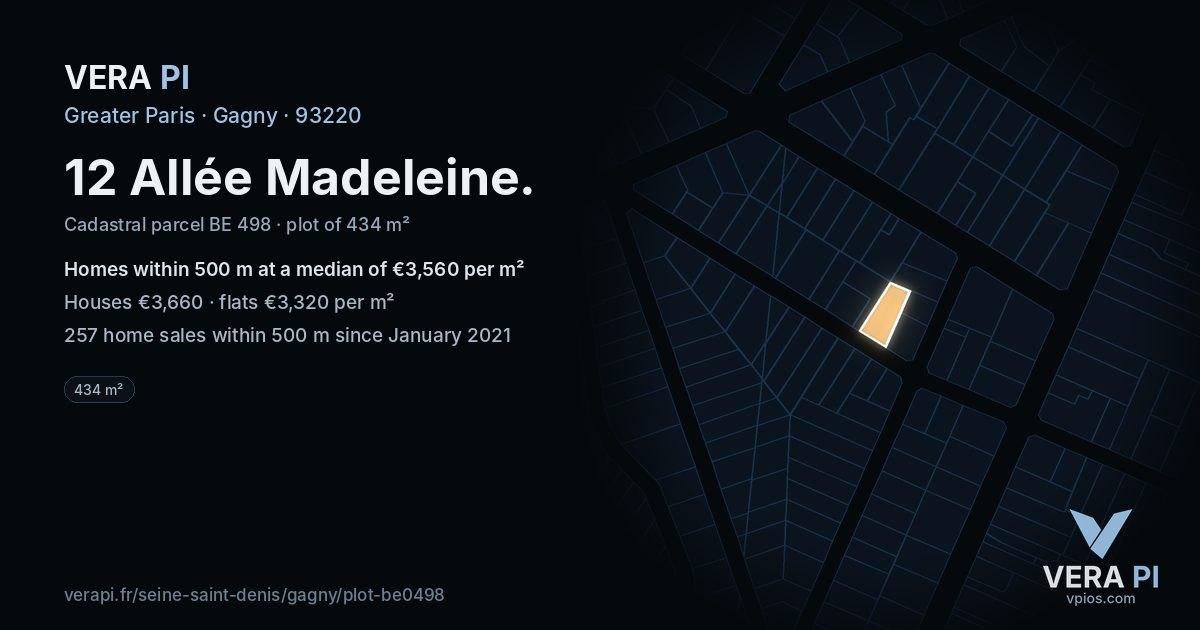 12 Allée Madeleine, Gagny at night – the plot lit, the parcels around coloured by the prices near them
