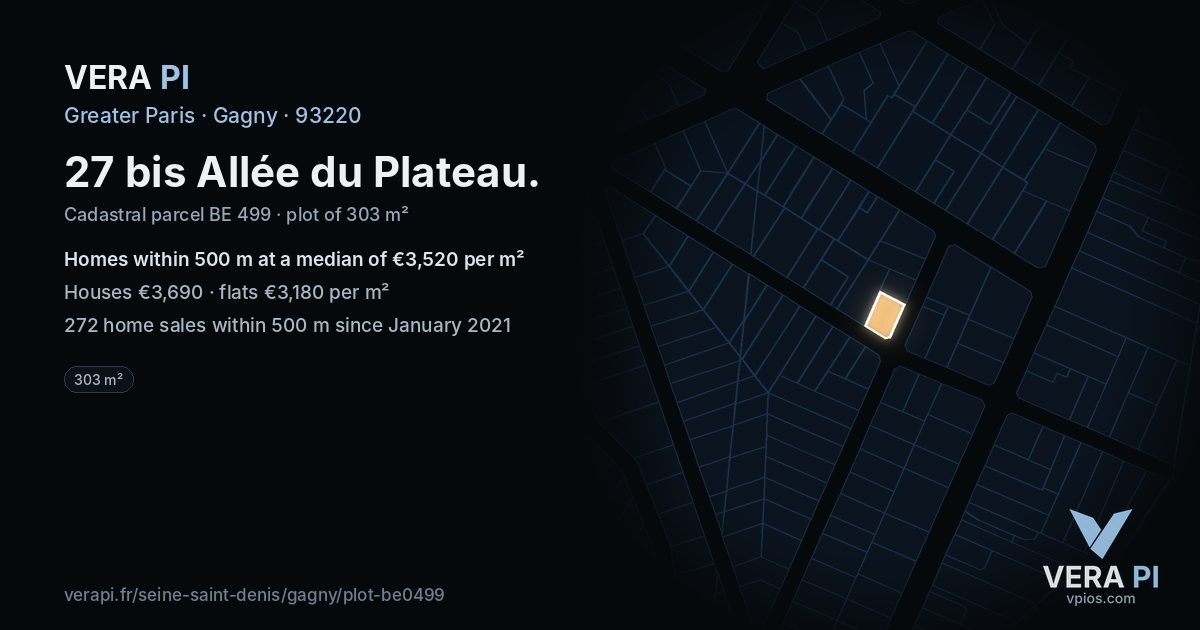 27 bis Allée du Plateau, Gagny at night – the plot lit, the parcels around coloured by the prices near them