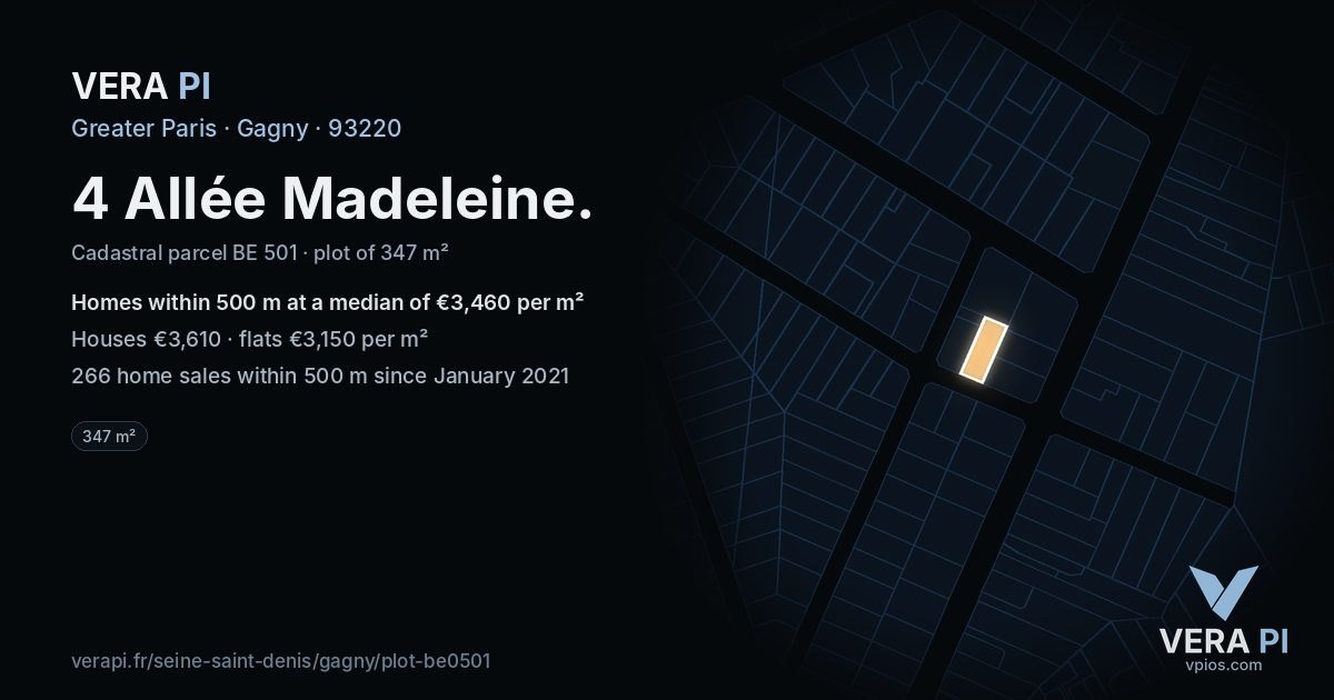 4 Allée Madeleine, Gagny at night – the plot lit, the parcels around coloured by the prices near them