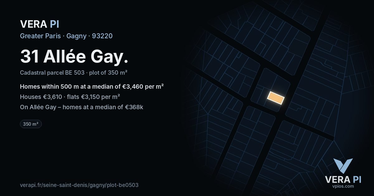 31 Allée Gay, Gagny at night – the plot lit, the parcels around coloured by the prices near them
