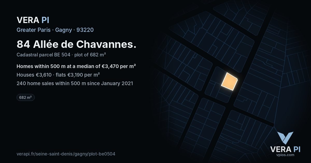 84 Allée de Chavannes, Gagny at night – the plot lit, the parcels around coloured by the prices near them
