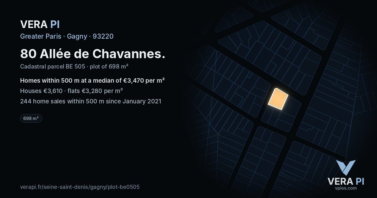 80 Allée de Chavannes, Gagny at night – the plot lit, the parcels around coloured by the prices near them