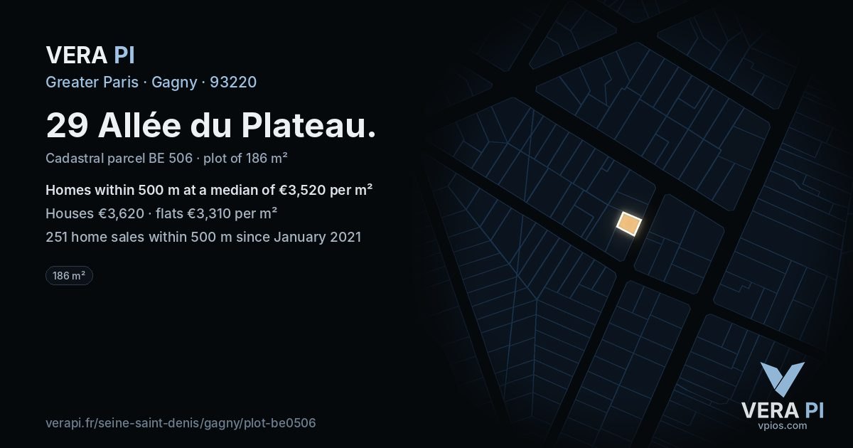 29 Allée du Plateau, Gagny at night – the plot lit, the parcels around coloured by the prices near them
