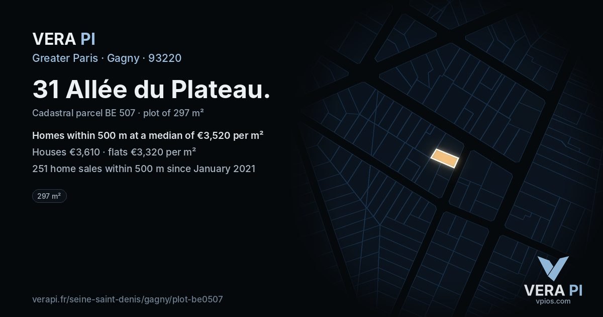 31 Allée du Plateau, Gagny at night – the plot lit, the parcels around coloured by the prices near them