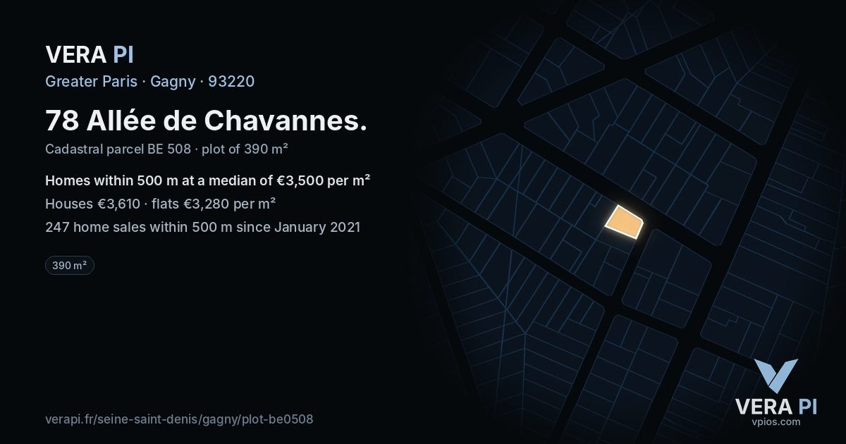 78 Allée de Chavannes, Gagny at night – the plot lit, the parcels around coloured by the prices near them