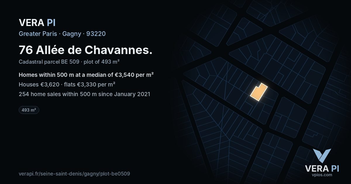 76 Allée de Chavannes, Gagny at night – the plot lit, the parcels around coloured by the prices near them