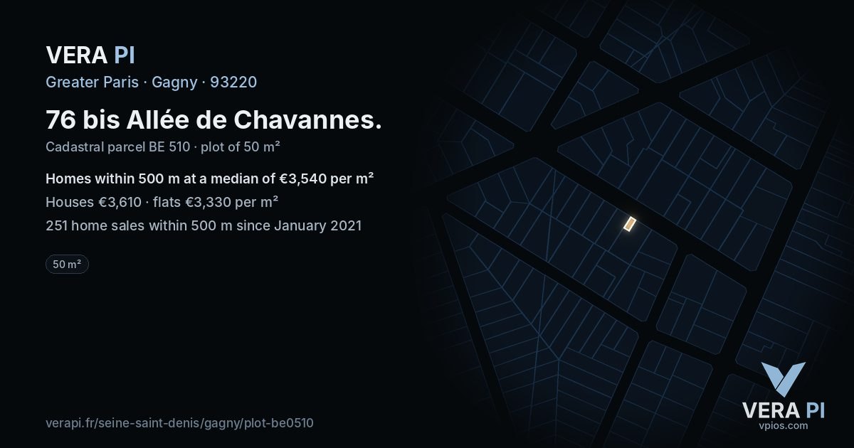 76 bis Allée de Chavannes, Gagny at night – the plot lit, the parcels around coloured by the prices near them