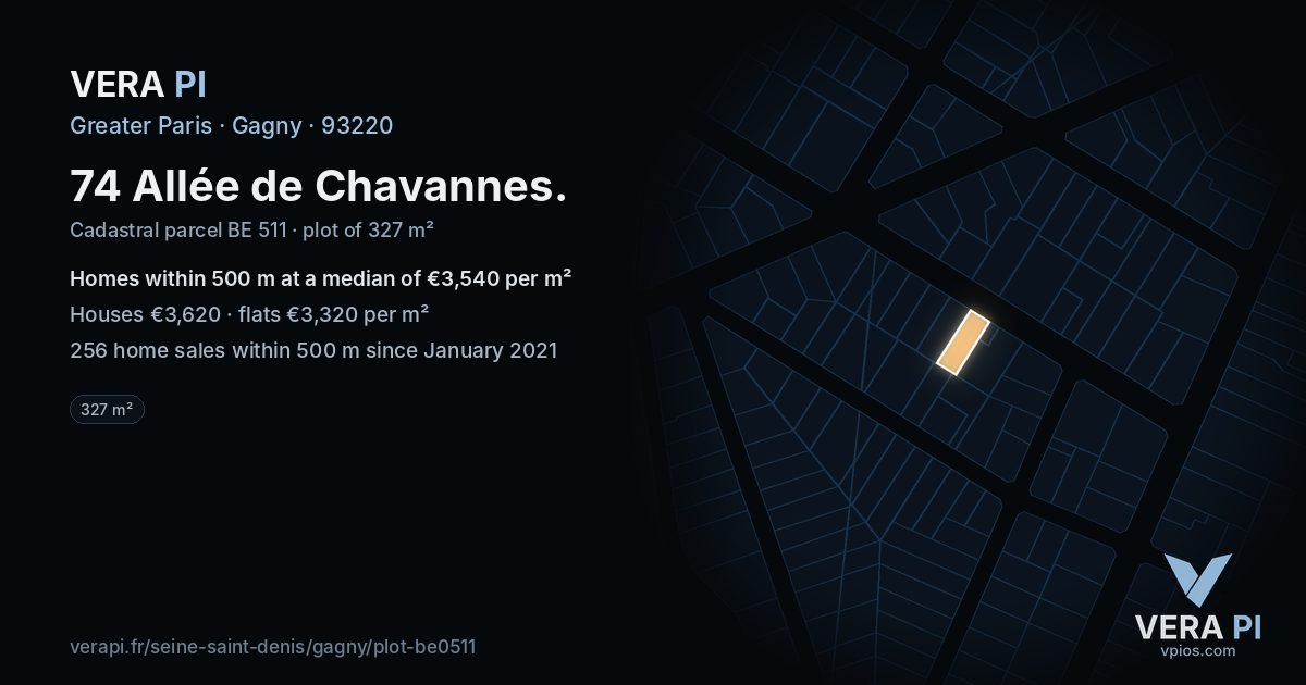 74 Allée de Chavannes, Gagny at night – the plot lit, the parcels around coloured by the prices near them