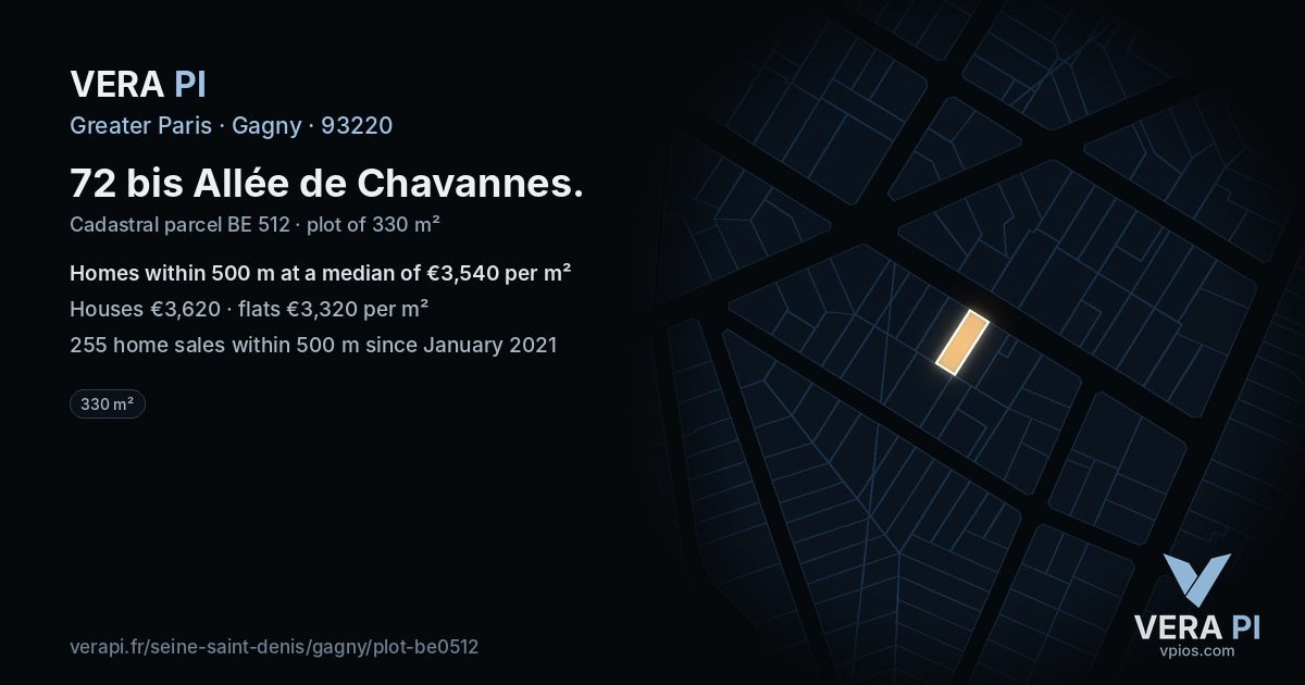 72 bis Allée de Chavannes, Gagny at night – the plot lit, the parcels around coloured by the prices near them