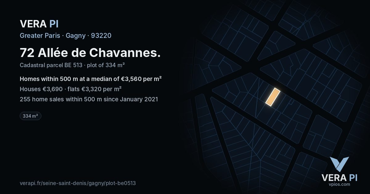 72 Allée de Chavannes, Gagny at night – the plot lit, the parcels around coloured by the prices near them