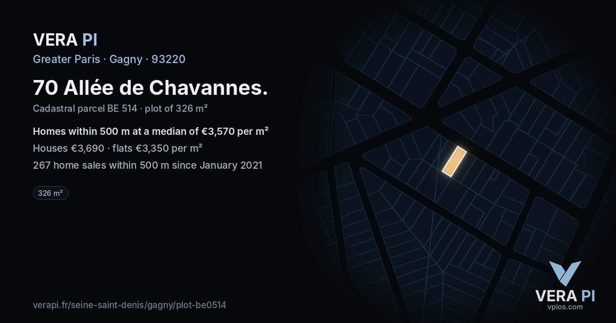 70 Allée de Chavannes, Gagny at night – the plot lit, the parcels around coloured by the prices near them
