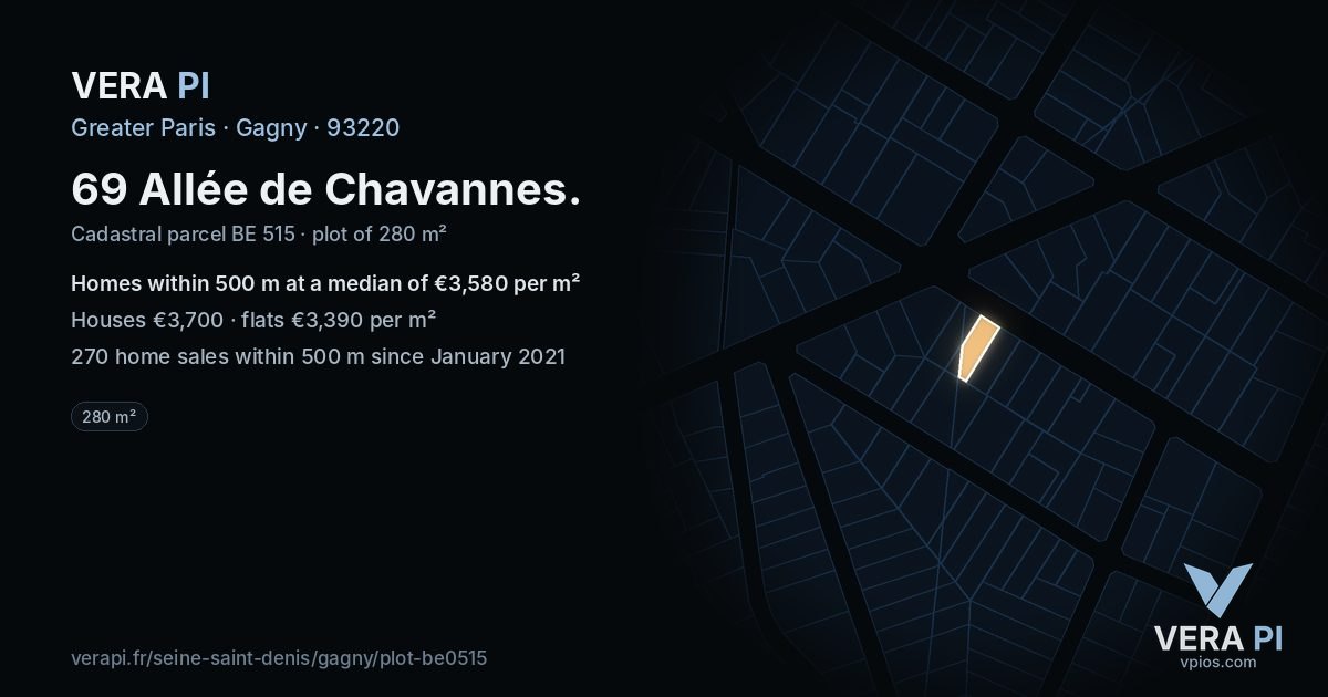 69 Allée de Chavannes, Gagny at night – the plot lit, the parcels around coloured by the prices near them