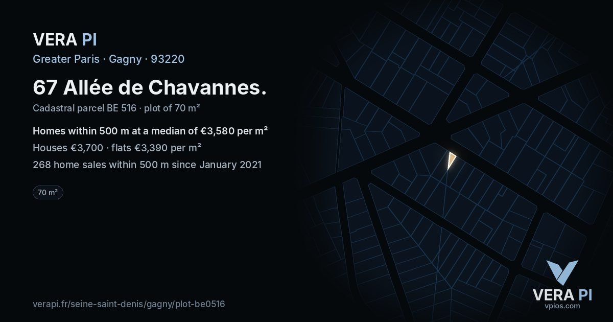 67 Allée de Chavannes, Gagny at night – the plot lit, the parcels around coloured by the prices near them