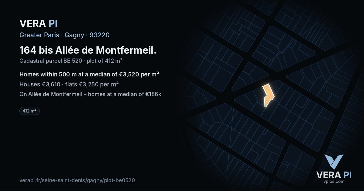 164 bis Allée de Montfermeil, Gagny at night – the plot lit, the parcels around coloured by the prices near them