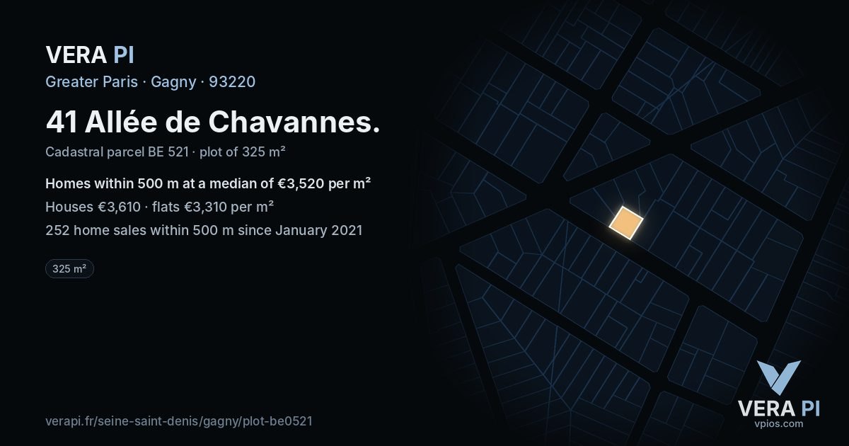 41 Allée de Chavannes, Gagny at night – the plot lit, the parcels around coloured by the prices near them