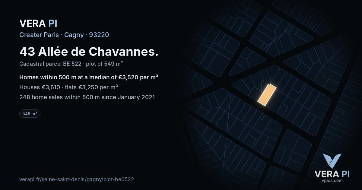 43 Allée de Chavannes, Gagny at night – the plot lit, the parcels around coloured by the prices near them