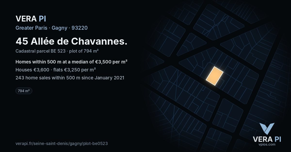 45 Allée de Chavannes, Gagny at night – the plot lit, the parcels around coloured by the prices near them