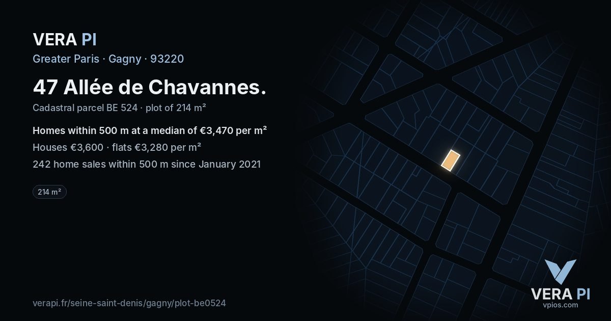 47 Allée de Chavannes, Gagny at night – the plot lit, the parcels around coloured by the prices near them