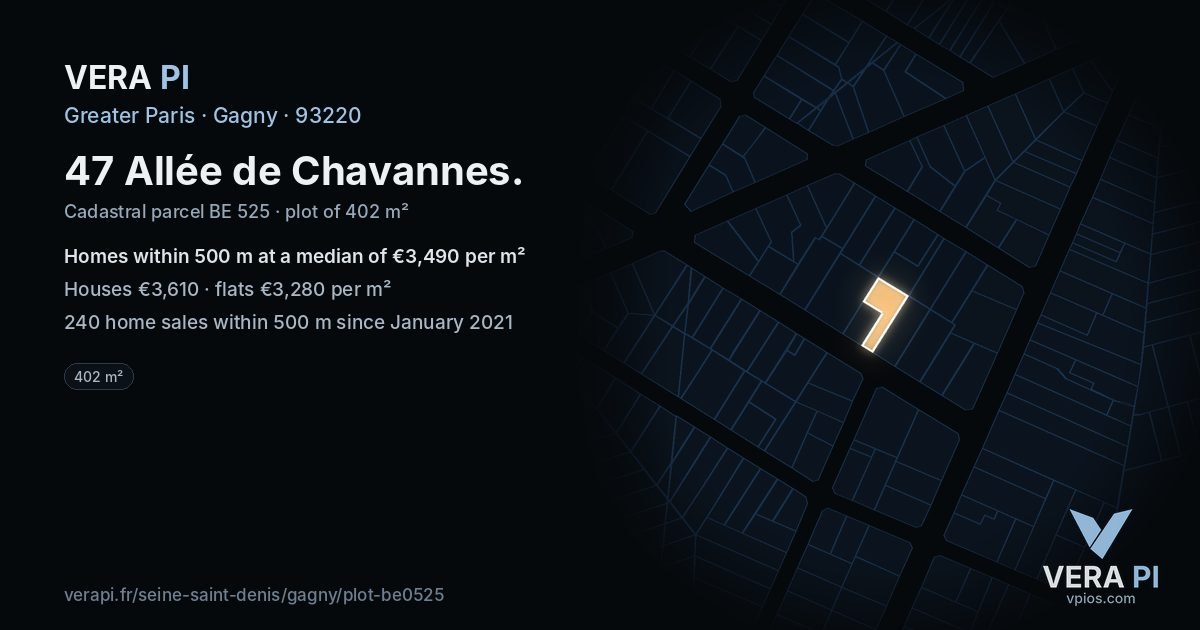 47 Allée de Chavannes, Gagny at night – the plot lit, the parcels around coloured by the prices near them