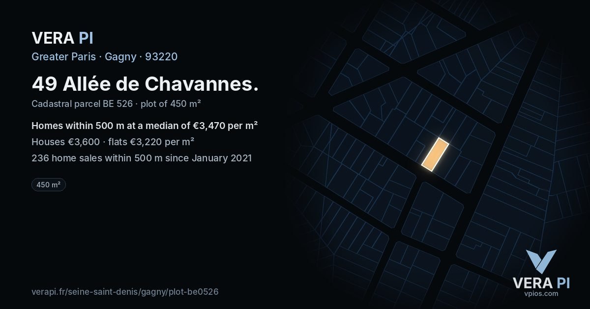 49 Allée de Chavannes, Gagny at night – the plot lit, the parcels around coloured by the prices near them