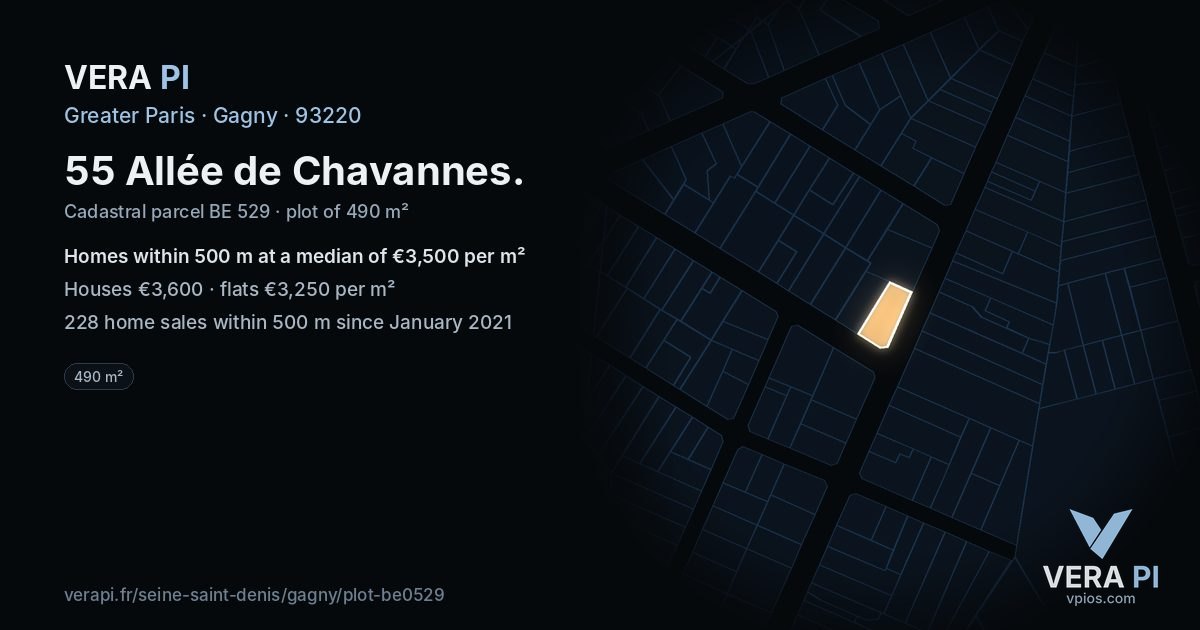 55 Allée de Chavannes, Gagny at night – the plot lit, the parcels around coloured by the prices near them