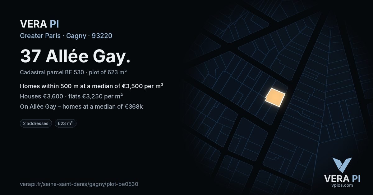 37 Allée Gay, Gagny at night – the plot lit, the parcels around coloured by the prices near them