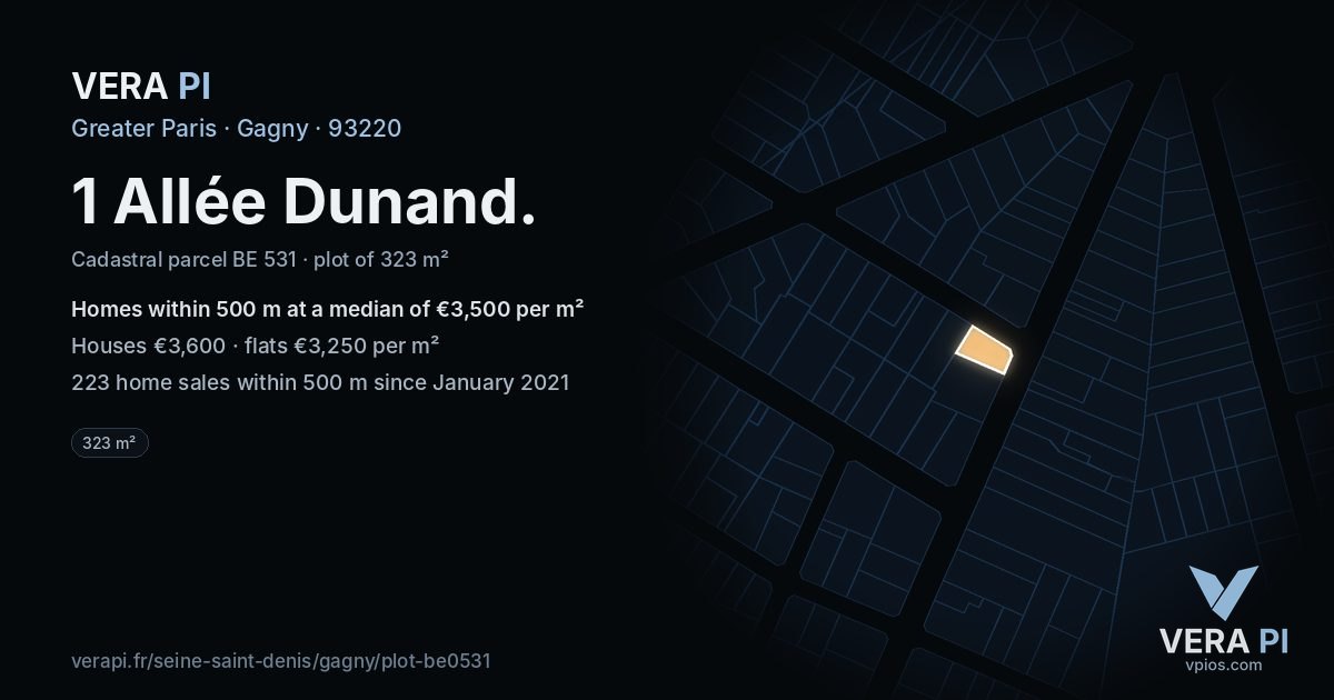1 Allée Dunand, Gagny at night – the plot lit, the parcels around coloured by the prices near them