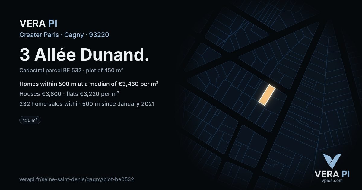 3 Allée Dunand, Gagny at night – the plot lit, the parcels around coloured by the prices near them