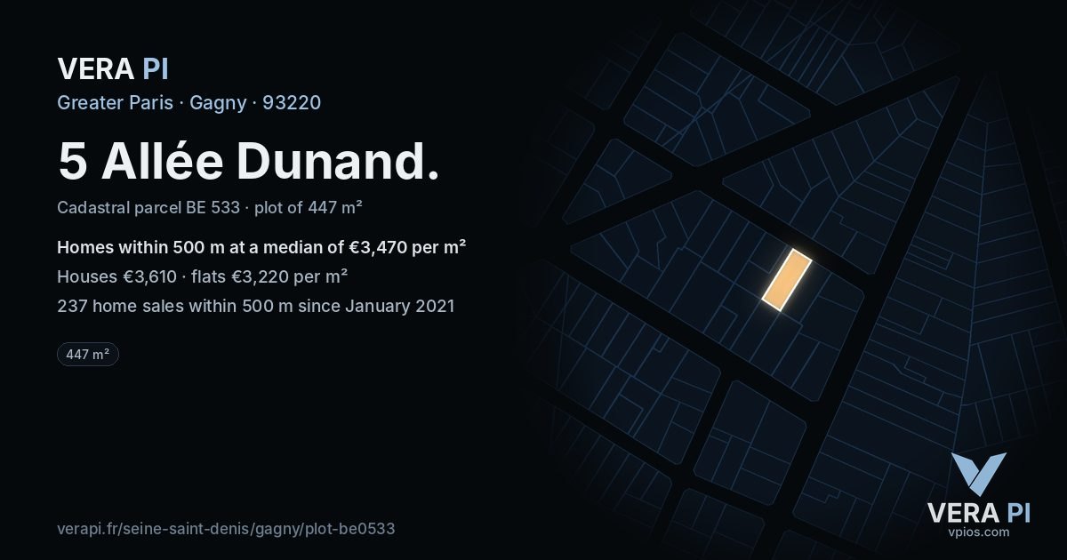 5 Allée Dunand, Gagny at night – the plot lit, the parcels around coloured by the prices near them