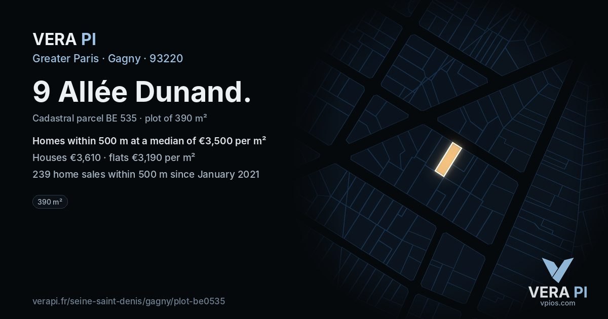9 Allée Dunand, Gagny at night – the plot lit, the parcels around coloured by the prices near them