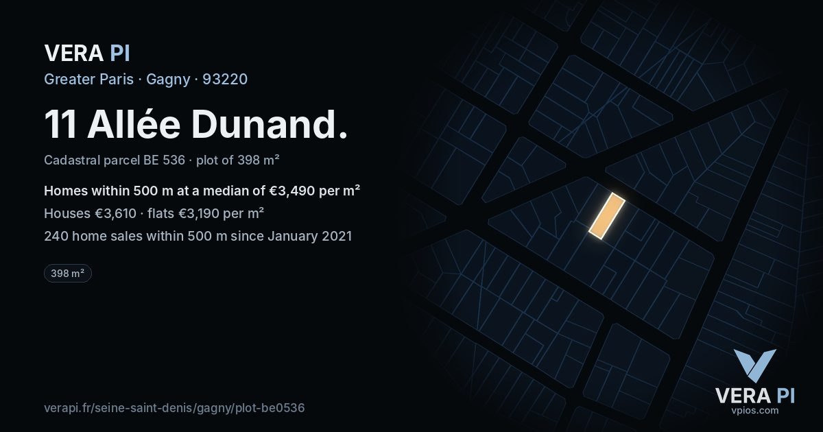11 Allée Dunand, Gagny at night – the plot lit, the parcels around coloured by the prices near them