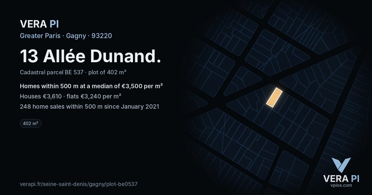 13 Allée Dunand, Gagny at night – the plot lit, the parcels around coloured by the prices near them