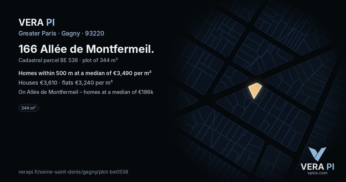 166 Allée de Montfermeil, Gagny at night – the plot lit, the parcels around coloured by the prices near them