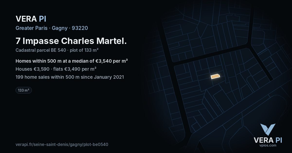 7 Impasse Charles Martel, Gagny at night – the plot lit, the parcels around coloured by the prices near them