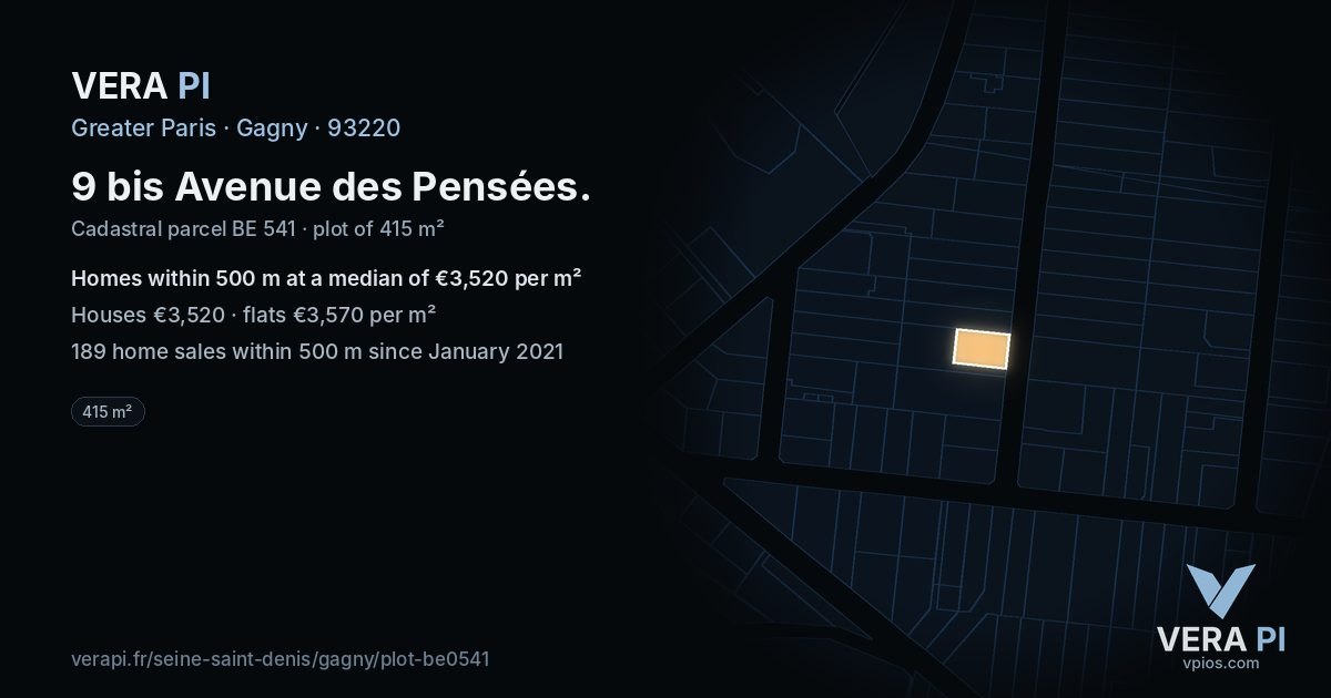 9 bis Avenue des Pensées, Gagny at night – the plot lit, the parcels around coloured by the prices near them