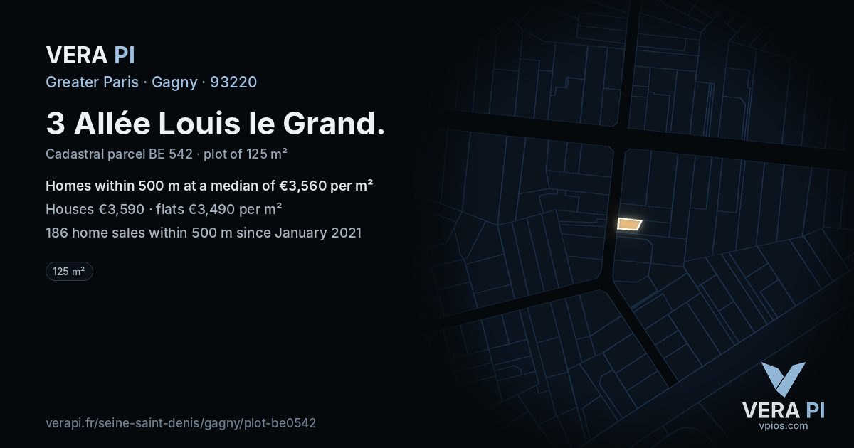 3 Allée Louis le Grand, Gagny at night – the plot lit, the parcels around coloured by the prices near them