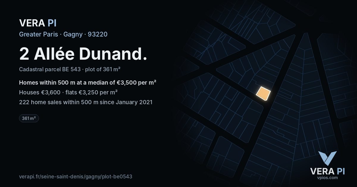 2 Allée Dunand, Gagny at night – the plot lit, the parcels around coloured by the prices near them