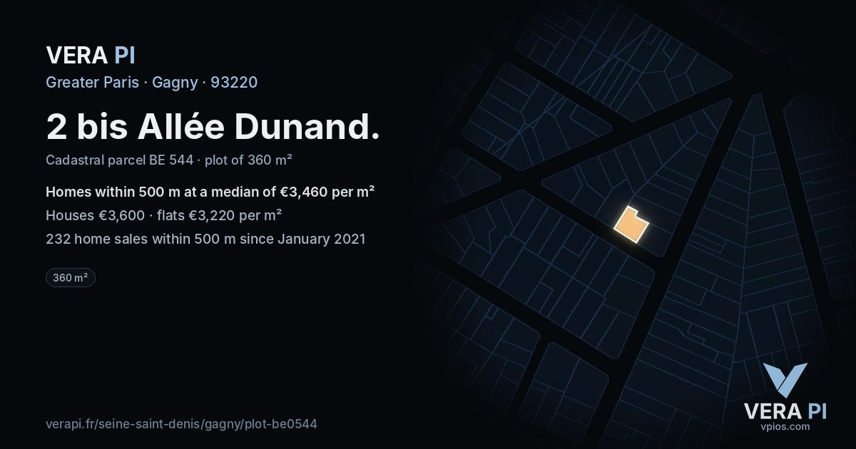 2 bis Allée Dunand, Gagny at night – the plot lit, the parcels around coloured by the prices near them