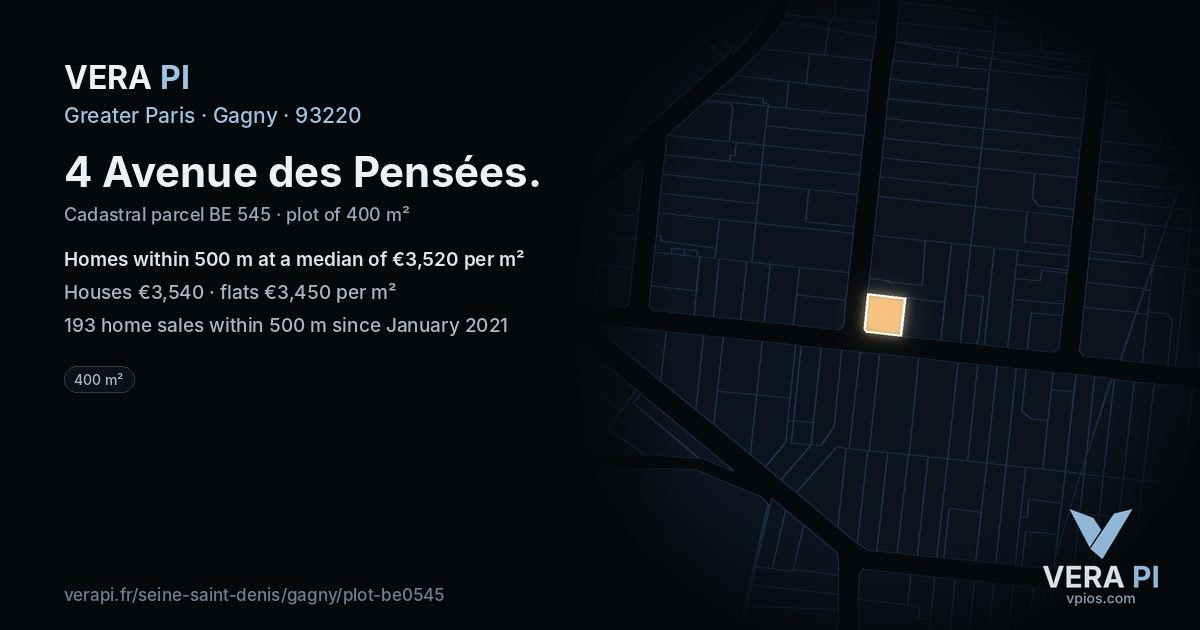 4 Avenue des Pensées, Gagny at night – the plot lit, the parcels around coloured by the prices near them