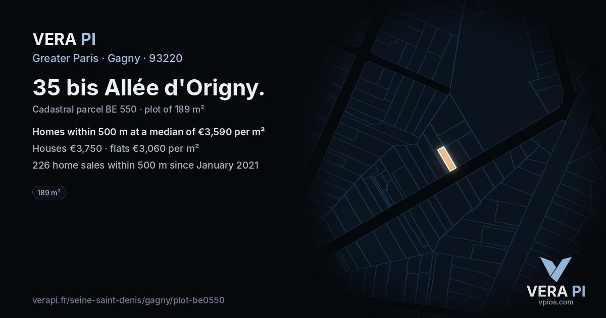 35 bis Allée d'Origny, Gagny at night – the plot lit, the parcels around coloured by the prices near them
