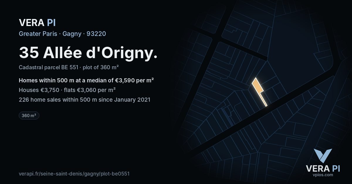35 Allée d'Origny, Gagny at night – the plot lit, the parcels around coloured by the prices near them