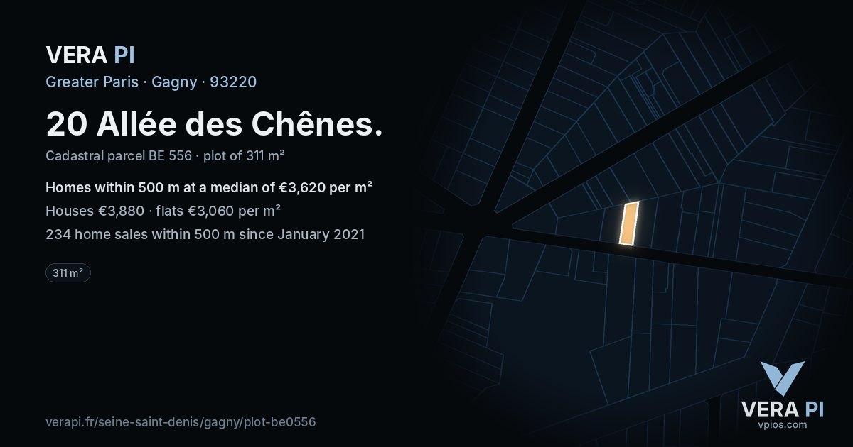20 Allée des Chênes, Gagny at night – the plot lit, the parcels around coloured by the prices near them