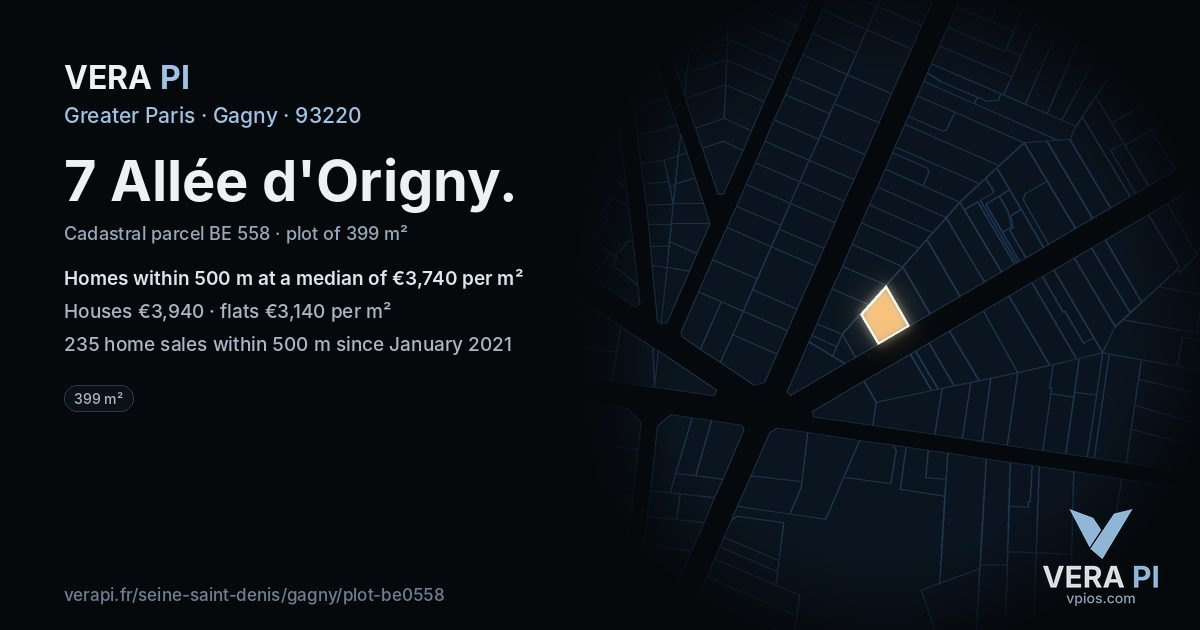 7 Allée d'Origny, Gagny at night – the plot lit, the parcels around coloured by the prices near them