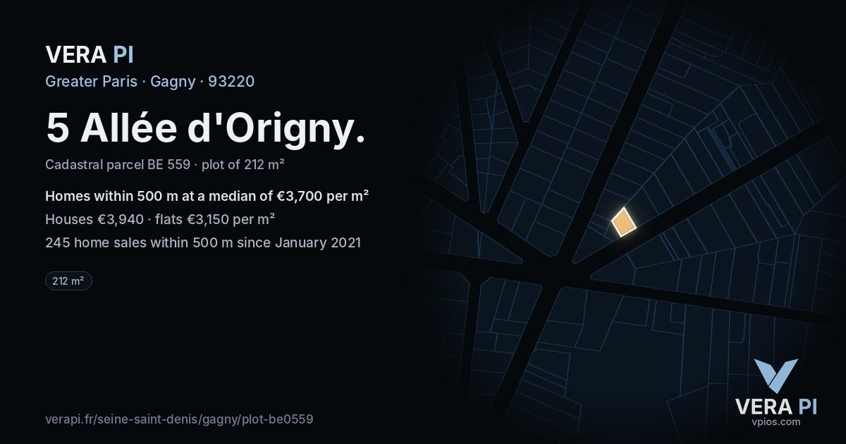5 Allée d'Origny, Gagny at night – the plot lit, the parcels around coloured by the prices near them