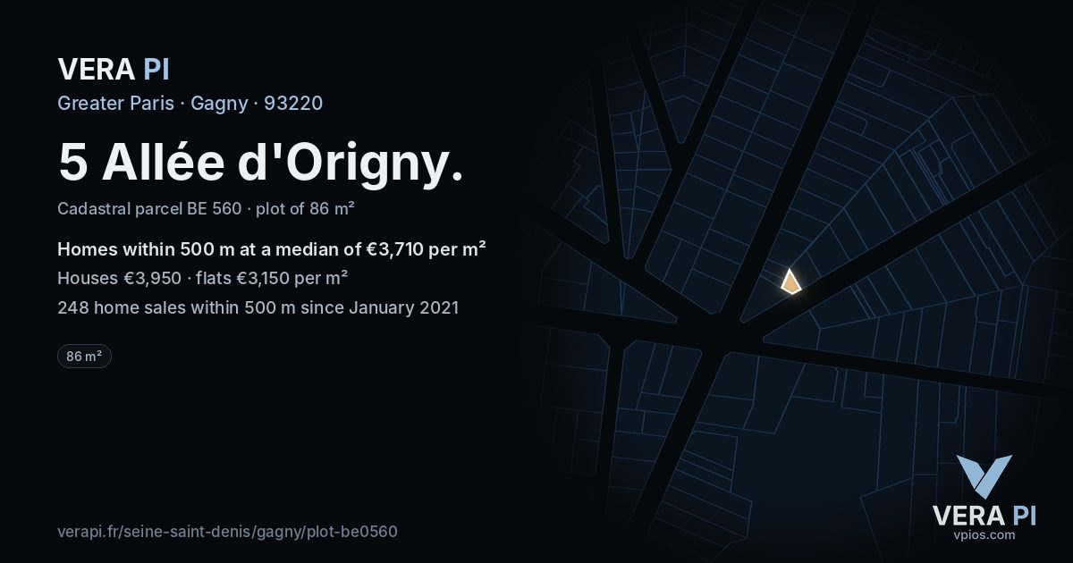 5 Allée d'Origny, Gagny at night – the plot lit, the parcels around coloured by the prices near them