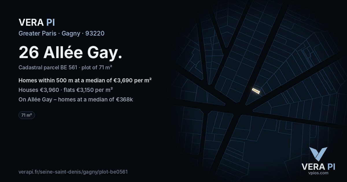 26 Allée Gay, Gagny at night – the plot lit, the parcels around coloured by the prices near them