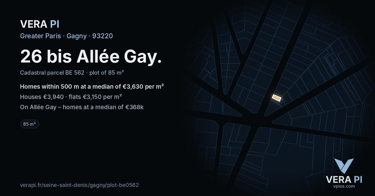 26 bis Allée Gay, Gagny at night – the plot lit, the parcels around coloured by the prices near them