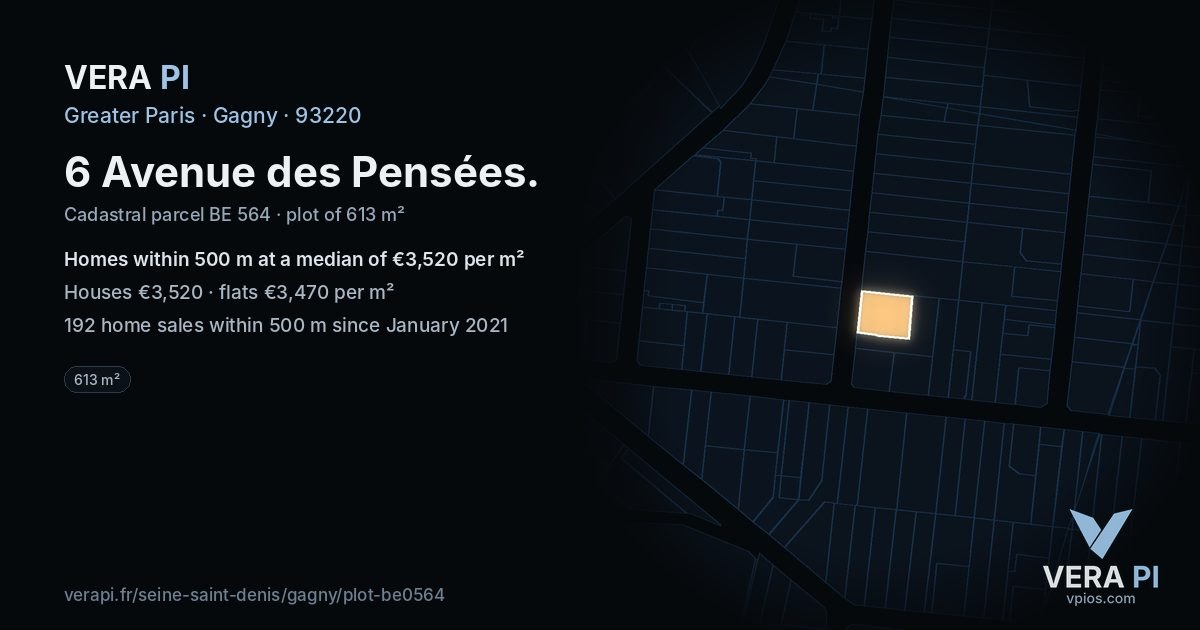 6 Avenue des Pensées, Gagny at night – the plot lit, the parcels around coloured by the prices near them
