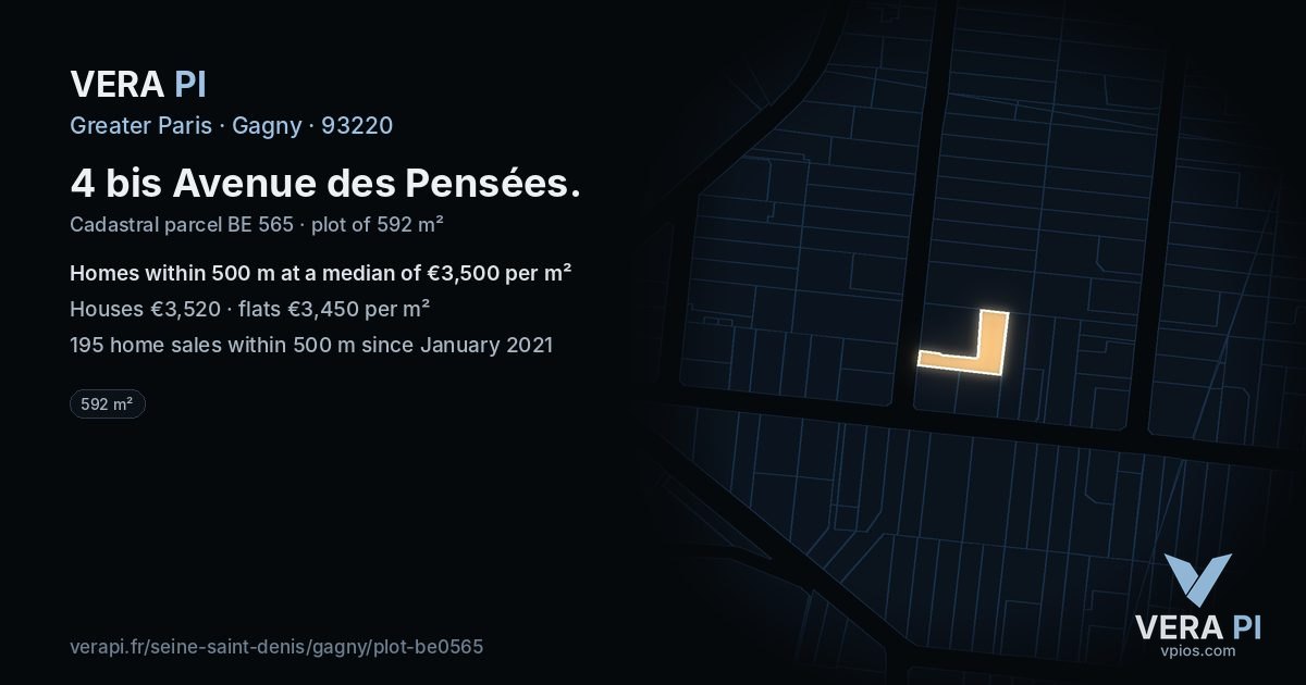 4 bis Avenue des Pensées, Gagny at night – the plot lit, the parcels around coloured by the prices near them