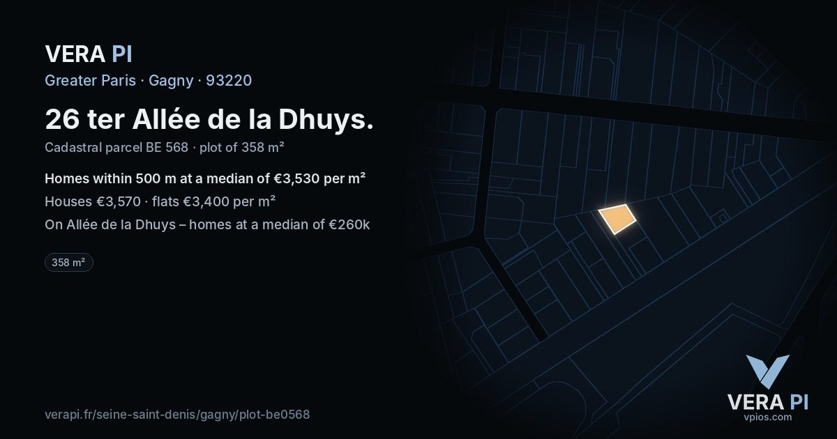 26 ter Allée de la Dhuys, Gagny at night – the plot lit, the parcels around coloured by the prices near them